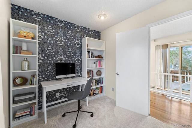 office featuring light hardwood / wood-style flooring, a textured ceiling, and vaulted ceiling