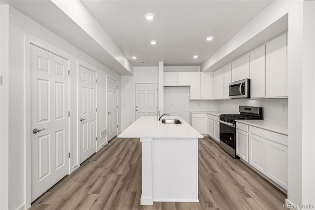 2887 E 103rd Dr, Thornton, CO 80229 - kitchen with appliances with stainless steel finishes, a sink, light wood-style flooring, recessed lighting, and an island with sink