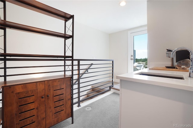 bedroom with light colored carpet and sink