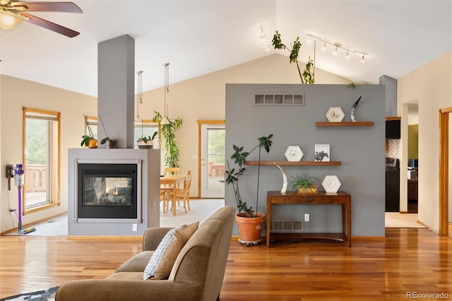 11163 Conifer Mountain Rd, Conifer, CO 80433 - living area featuring vaulted ceiling, a ceiling fan, wood finished floors, track lighting, and a multi sided fireplace