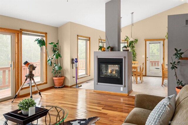 11163 Conifer Mountain Rd, Conifer, CO 80433 - living area featuring a multi sided fireplace, vaulted ceiling, and light wood finished floors