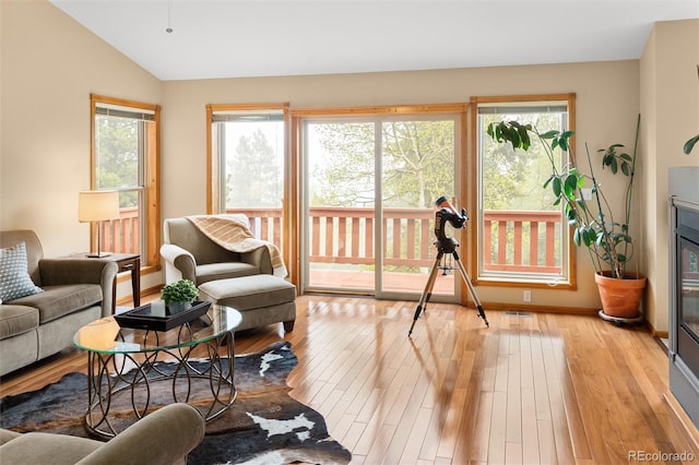 11163 Conifer Mountain Rd, Conifer, CO 80433 - living area featuring light wood-type flooring, vaulted ceiling, and baseboards