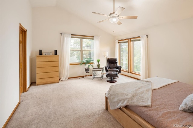 11163 Conifer Mountain Rd, Conifer, CO 80433 - bedroom with light colored carpet, baseboards, a ceiling fan, and high vaulted ceiling