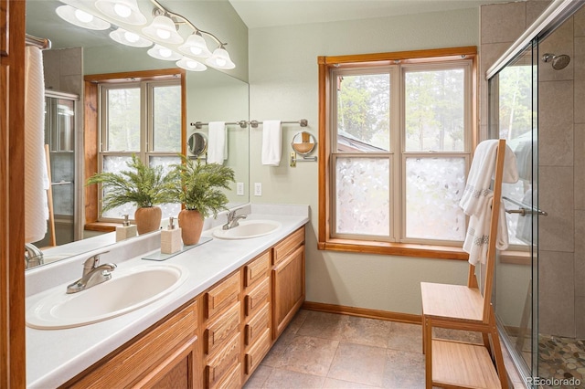 11163 Conifer Mountain Rd, Conifer, CO 80433 - full bathroom featuring a shower stall, healthy amount of natural light, double vanity, and baseboards