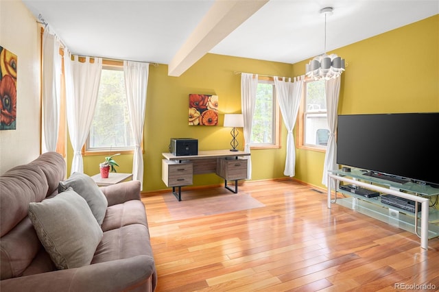 11163 Conifer Mountain Rd, Conifer, CO 80433 - home office with plenty of natural light, light wood-style flooring, beam ceiling, and baseboards