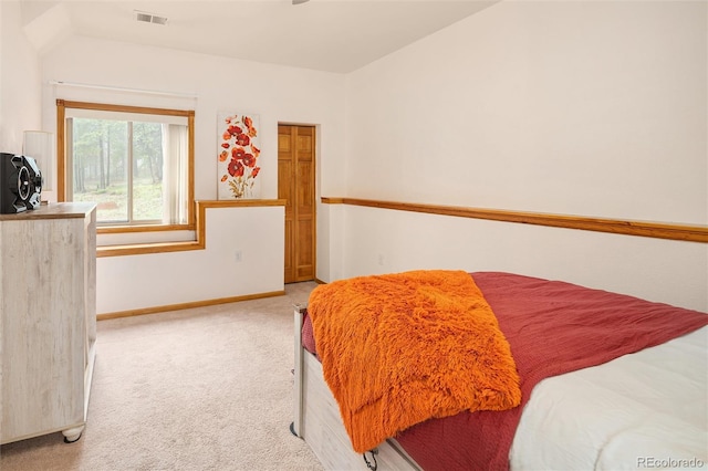 11163 Conifer Mountain Rd, Conifer, CO 80433 - bedroom featuring light carpet and vaulted ceiling