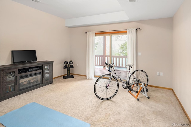 11163 Conifer Mountain Rd, Conifer, CO 80433 - workout room featuring carpet flooring and baseboards