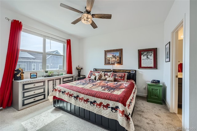 bedroom featuring baseboards, a ceiling fan, and light colored carpet