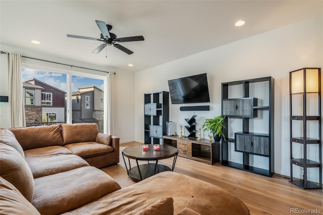 living room with ceiling fan and light hardwood / wood-style floors