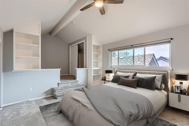 bedroom with carpet floors, a ceiling fan, and baseboards