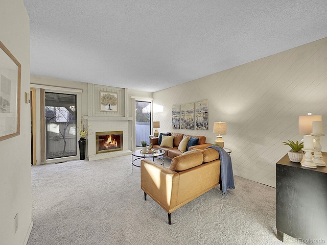 living room with carpet flooring and a textured ceiling