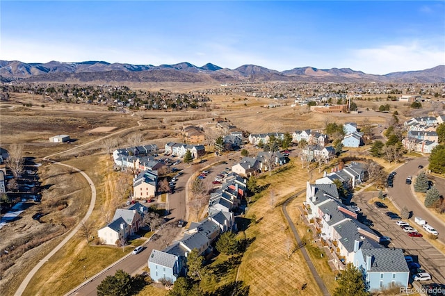 bird's eye view featuring a residential view and a mountain view