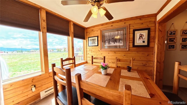 366 Gcr 4421, Grand Lake, CO 80557 - dining space featuring wood walls, healthy amount of natural light, a mountain view, ceiling fan, and wood finished floors