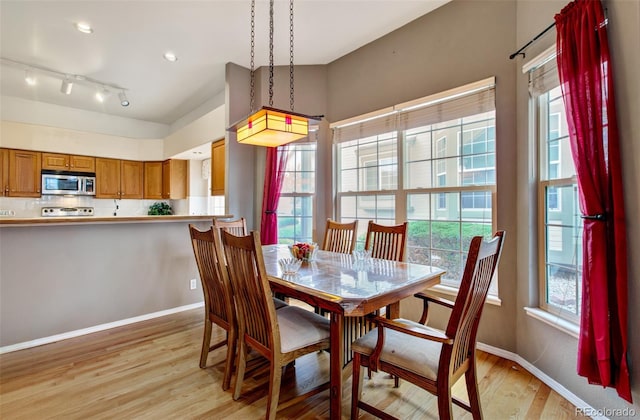 dining area with light hardwood / wood-style flooring and rail lighting