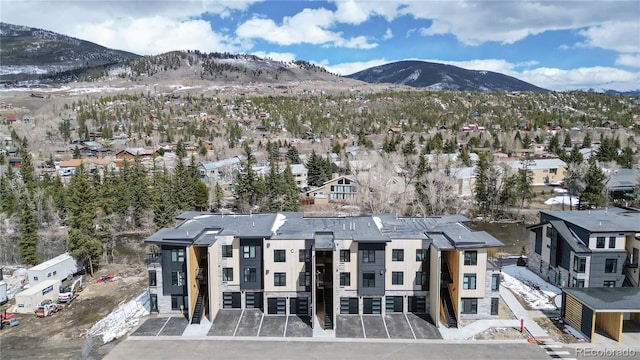 aerial view featuring a residential view and a mountain view