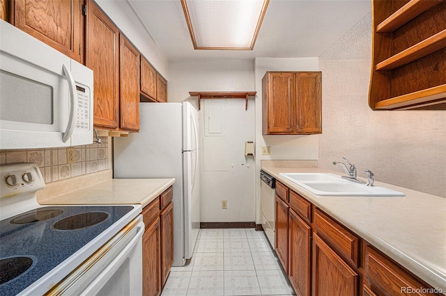 kitchen featuring sink, white appliances, and decorative backsplash