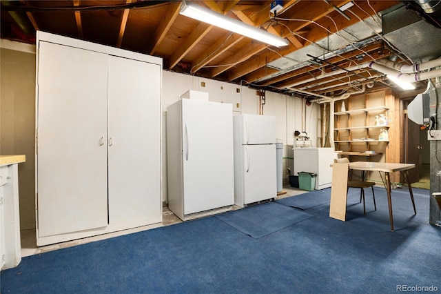 basement with white fridge