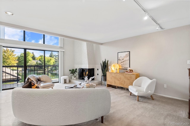 carpeted living room featuring a multi sided fireplace and rail lighting