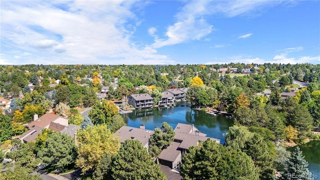 drone / aerial view with a water view