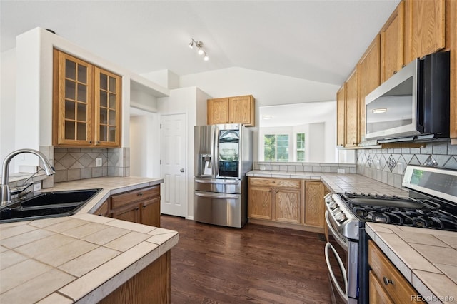 kitchen featuring tile countertops, backsplash, sink, dark hardwood / wood-style floors, and appliances with stainless steel finishes