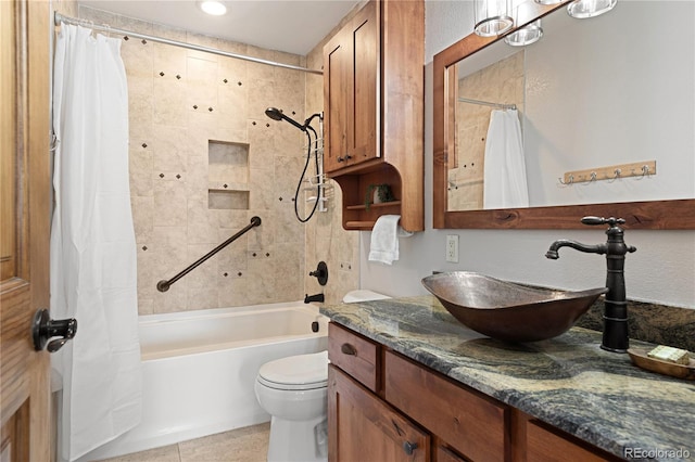 6773 Snowshoe Trl, Evergreen, CO 80439 - full bathroom with vanity, shower / bath combo, and tile patterned floors