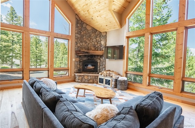 living room featuring hardwood / wood-style flooring, high vaulted ceiling, wood ceiling, and a fireplace