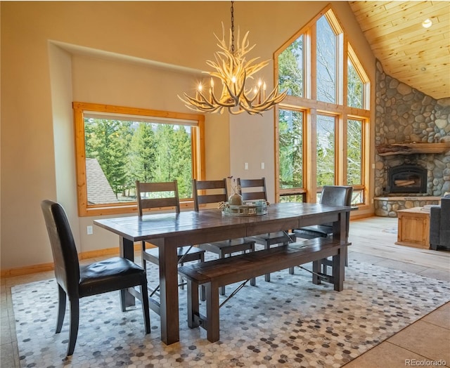 dining room featuring wood ceiling, a healthy amount of sunlight, a stone fireplace, and a chandelier