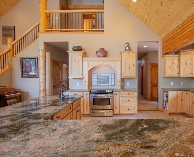 kitchen with light brown cabinetry, sink, wood ceiling, and stainless steel electric range oven