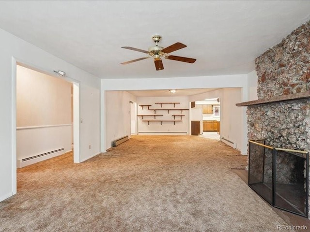 423 Empire St, Aurora, CO 80010 - unfurnished living room featuring a baseboard radiator, carpet, a baseboard heating unit, and ceiling fan