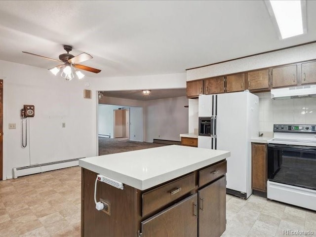 423 Empire St, Aurora, CO 80010 - kitchen with white appliances, under cabinet range hood, a baseboard heating unit, light countertops, and ceiling fan