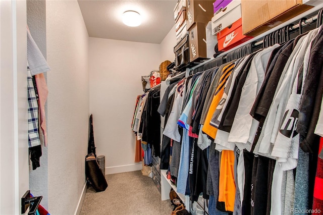 spacious closet featuring light colored carpet