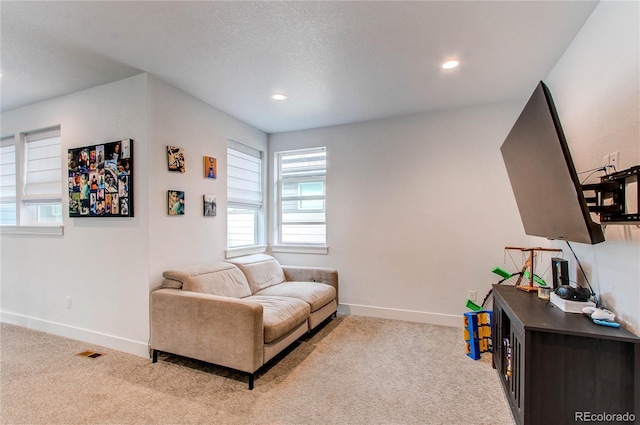 living room featuring light carpet and a textured ceiling