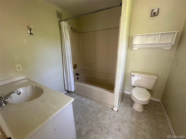 full bathroom featuring vanity, toilet, tile patterned floors, and shower / bathtub combination with curtain