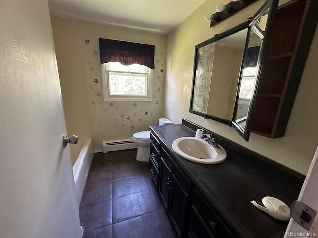 full bathroom with a washtub, toilet, a baseboard heating unit, vanity, and tile patterned flooring