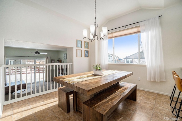 2137 Day Spring Dr, Windsor, CO 80550 - dining space with healthy amount of natural light, a chandelier, lofted ceiling, ceiling fan, and baseboards