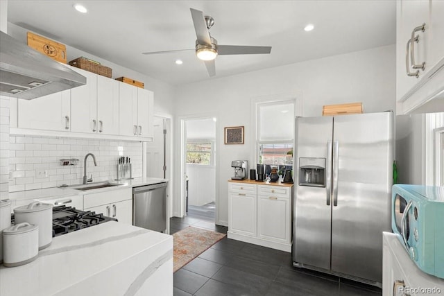 3384 W 29th Ave, Denver, CO 80211 - kitchen featuring appliances with stainless steel finishes, exhaust hood, a ceiling fan, light countertops, and white cabinets