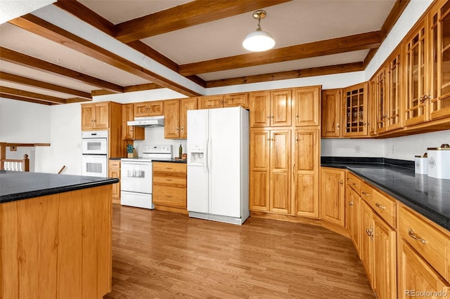 2706 Penacho Cir, Colorado Springs, CO 80917 - kitchen featuring white appliances, under cabinet range hood, beam ceiling, dark countertops, and wood finished floors