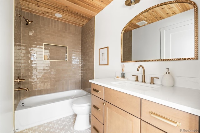 13416 W 22nd Pl, Golden, CO 80401 - bathroom featuring shower / bath combination, visible vents, wooden ceiling, vanity, and toilet