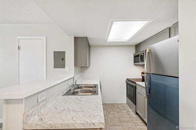 17094 E Tennessee Dr Unit 212, Aurora, CO 80017 - kitchen featuring stainless steel appliances, a sink, electric panel, gray cabinets, and light countertops