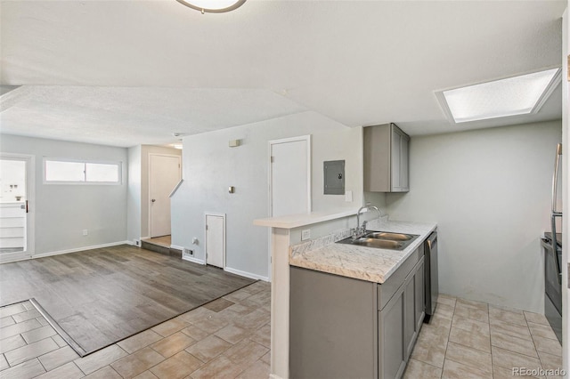 17094 E Tennessee Dr Unit 212, Aurora, CO 80017 - kitchen featuring a sink, gray cabinetry, electric panel, light countertops, and dishwasher