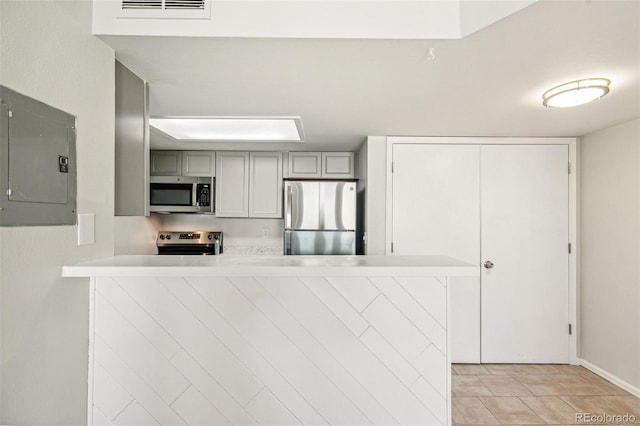 17094 E Tennessee Dr Unit 212, Aurora, CO 80017 - kitchen with appliances with stainless steel finishes, electric panel, light countertops, gray cabinetry, and a peninsula