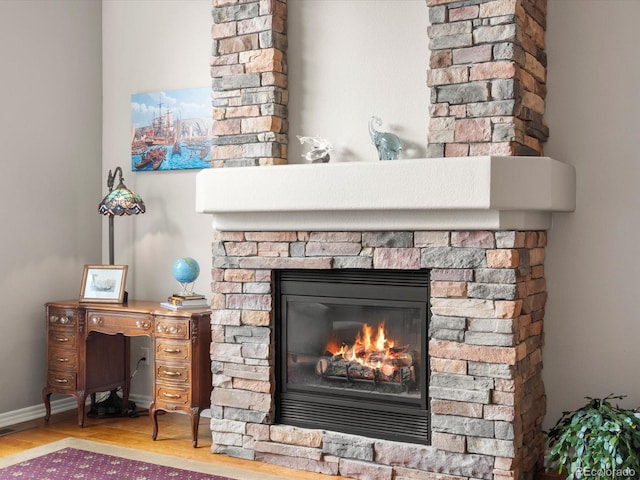 details featuring baseboards, wood finished floors, and a fireplace