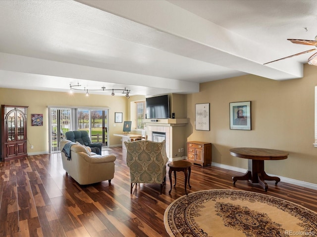 living area with baseboards, dark wood-style floors, a tile fireplace, and rail lighting