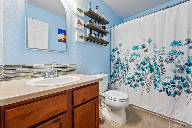 4705 Andes St, Denver, CO 80249 - bathroom with a textured wall, vanity, toilet, decorative backsplash, and curtained shower