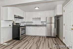 2275 S Cherokee St, Denver, CO 80223 - kitchen with appliances with stainless steel finishes, under cabinet range hood, a sink, white cabinetry, and light wood-style floors