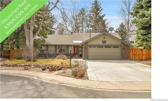 single story home featuring driveway, a shingled roof, an attached garage, fence, and brick siding