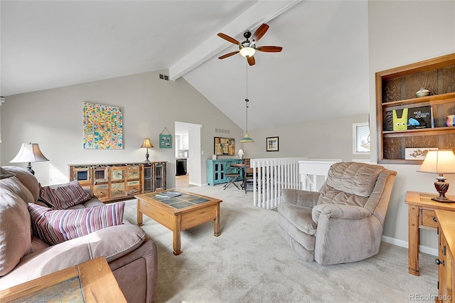 living area featuring visible vents, baseboards, lofted ceiling with beams, ceiling fan, and light carpet