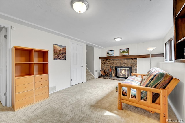 living room featuring a fireplace, carpet, visible vents, stairs, and baseboards