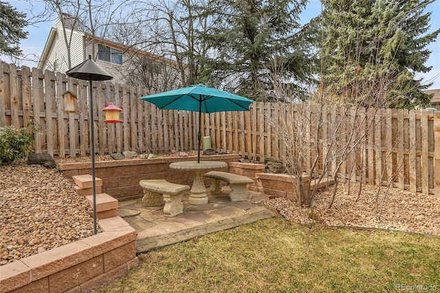 view of yard featuring a fenced backyard and a patio