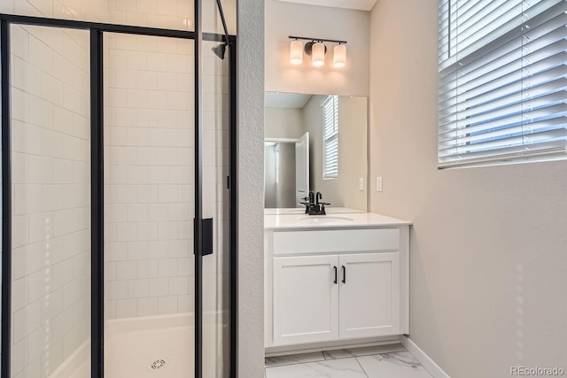 9629 Browns Peak Cir, Littleton, CO 80125 - full bath with marble finish floors, a stall shower, and plenty of natural light